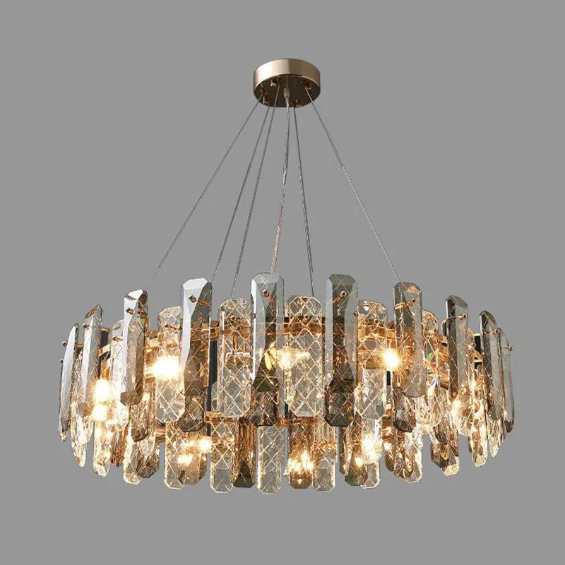 

LED Postmodern Smoky Grey Crystal Round Chandelier Lighting Lustre Hanging Lamps Suspension Luminaire Lampen For Foyer