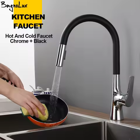 Bagnolux Chrome And Black Brass Deck Mounted Single Hole Rotation Mixer Cold and Hot Water Pull Out Tap Kitchen Sink Faucet