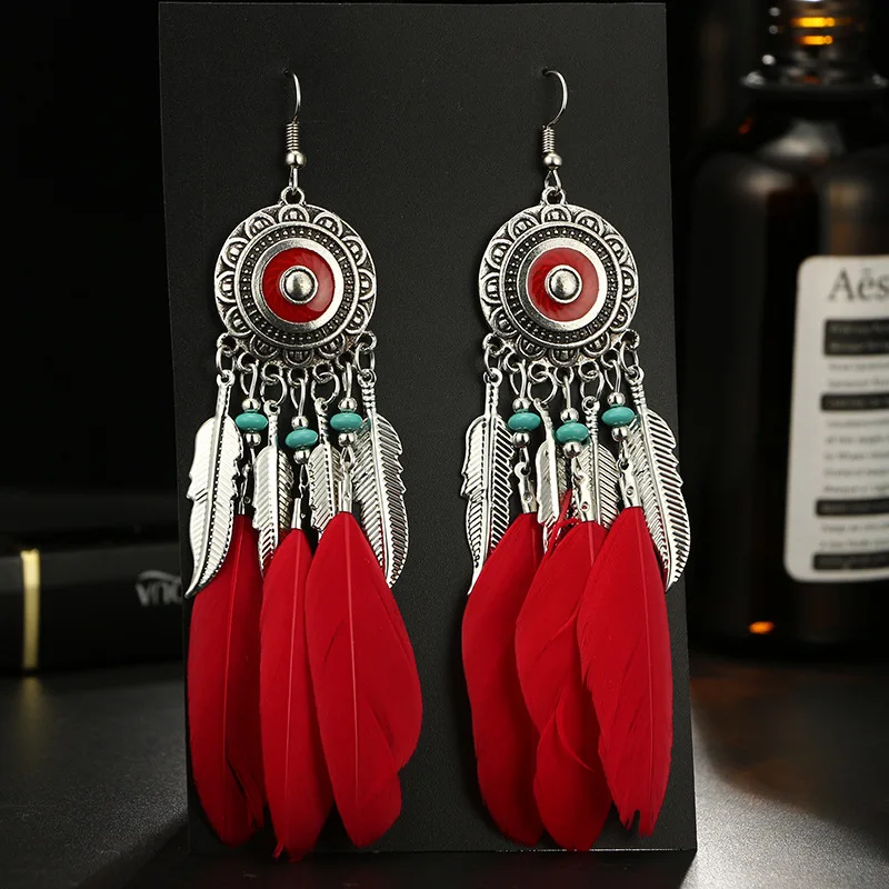 Acrylic Beads Feather Tassel Earrings for Women Black Red Fringed Dreamcatcher Earrings Women\'s Long Earring Hanging Jewelry