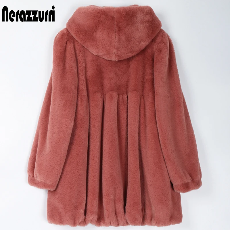 Nerazzurri Pleated light soft faux fur coat women with hood Skirted fluffy jackets for women Womens fall fashion 2022 5xl 6xl