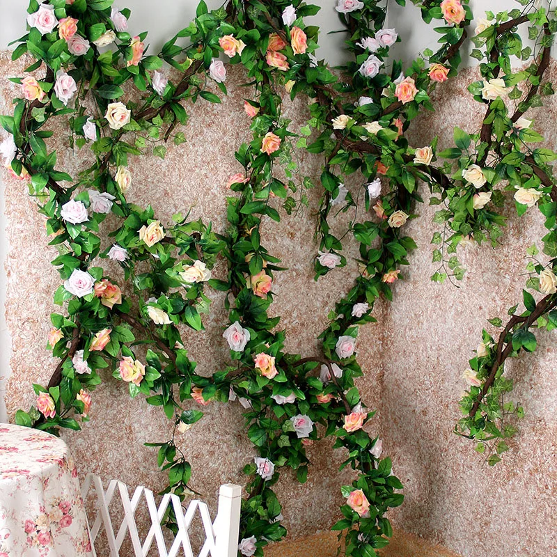 235ซม.กุหลาบประดิษฐ์ดอกไม้ผ้าไหม Ivy Vines สีเขียว Garland งานแต่งงานสวนคริสต์มาสสาขาตกแต่งแขวนผนังหวาย