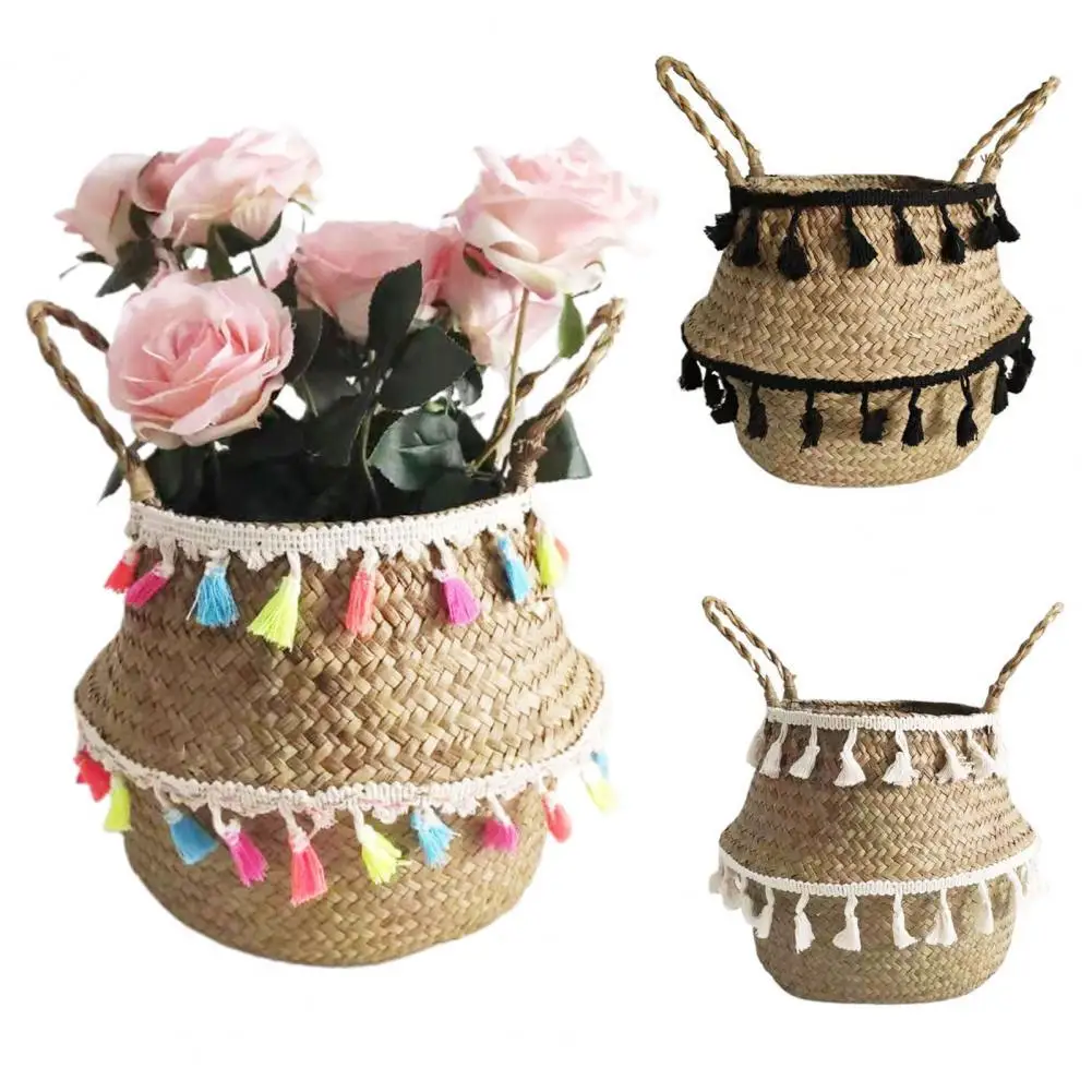 Nordic Macrame Wicker Basket Seagrass White Basket Panier Osier Cesta Mimbre Laundry Woven Storage Handmade Baskets tassel Vase