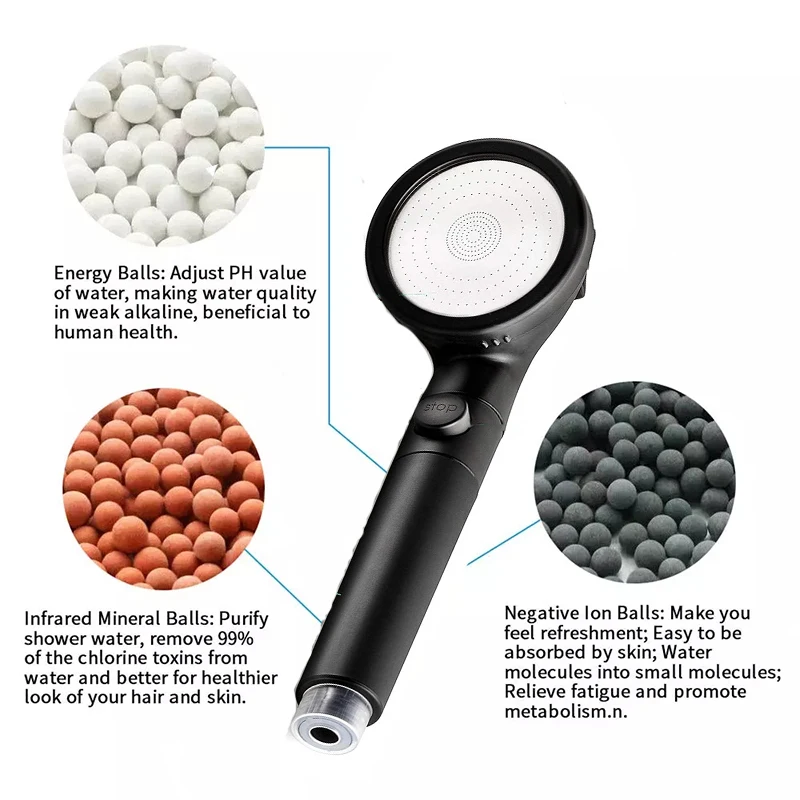 Dropshipping link Zhang Ji New Black Filter balls SPA shower head with stop button 3 Modes adjustable Replacement shower head