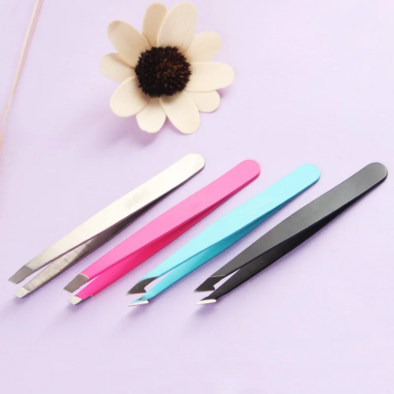 

Hair Removal Tweezers Stainless Steel Eyebrow Tweezers Pink Slanted Black Tip Point Face Harmless Makeup Beauty Tool Sliver