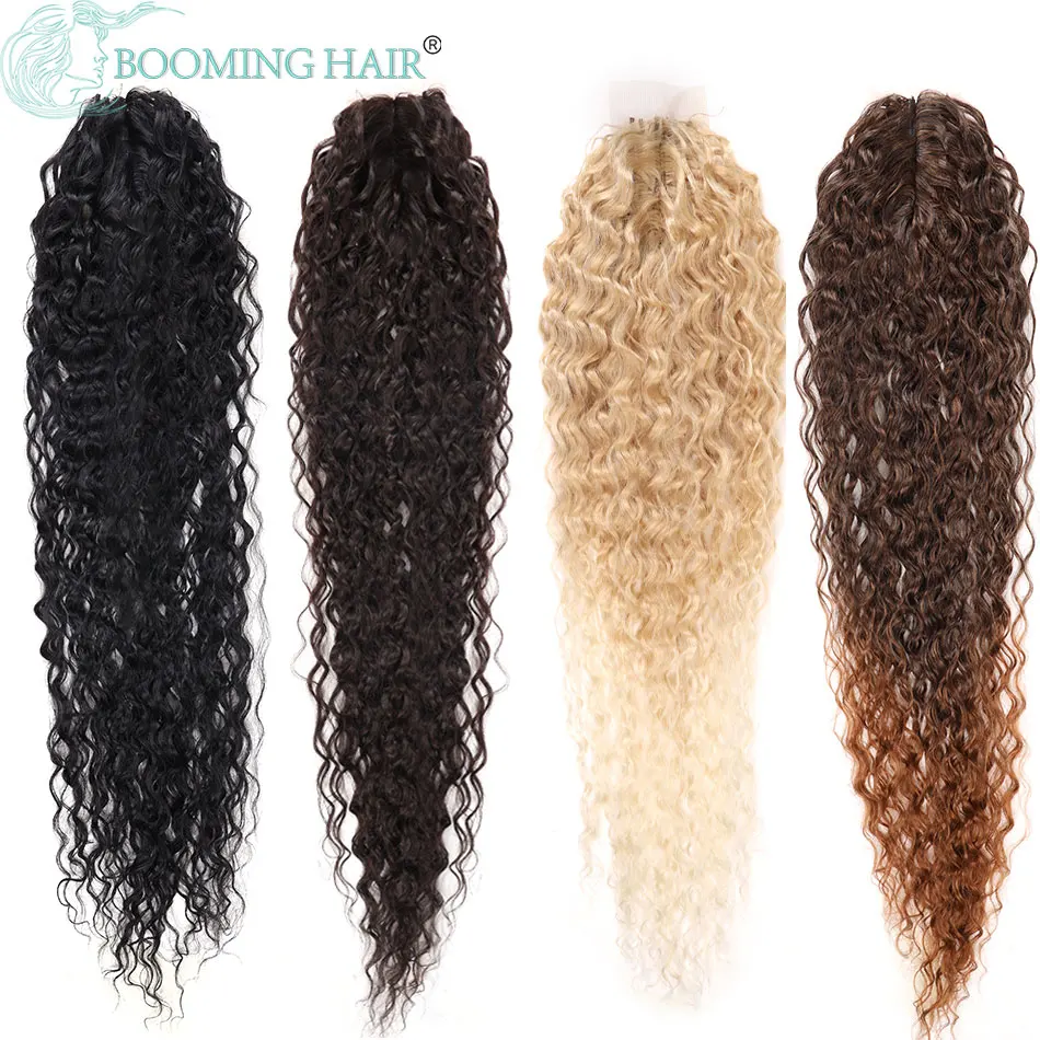 Synthetic Water Wave Hair Bundles With Closure 7Pcs/Pack Full Head  30 inches Black Extensions Ombre Organic Fake Hair