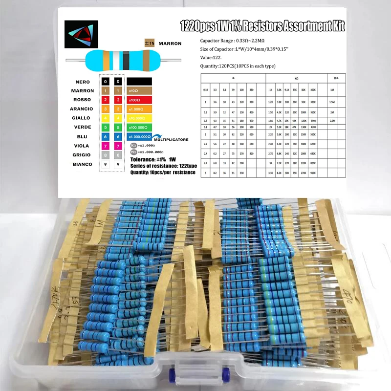 1220Pcs 1W 1% 122Values 0.33 ~ 2.2M Ohm Metal Film Resistor Kit