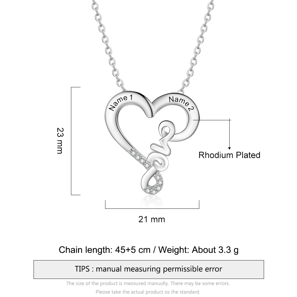 JewelOra Customized Name Couple's Love Heart Necklace Personalized Engraving Necklaces for Women Wedding Jewelry Gifts