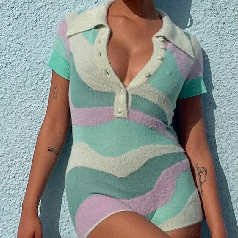 بدلة رياضية مثيرة للنساء ، رومبير محبوك غير رسمي ، رقبة على شكل حرف V ، كم قصير ، مرقع ، مشمس ، ملابس صيفية ، من HGTE