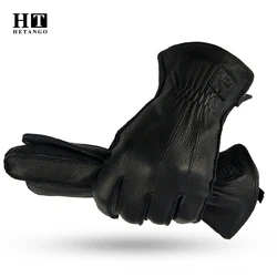 Gants d'hiver en cuir pour hommes, nouvelle collection, chaud, doux, résistant à l'usure, couture extérieure, lignes noires, motif peau de cerf, mitaines en laine