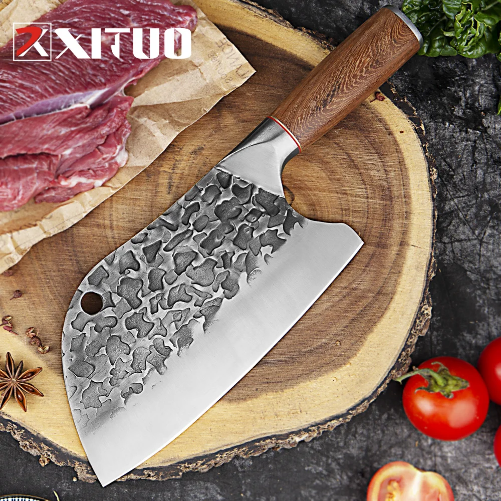 XITUO 8 Inch Handmade Kitchen Knife High Carbon Steel Meat Cleaver  Chef Knife Butcher Knife Color Wood Handle For Kitchen