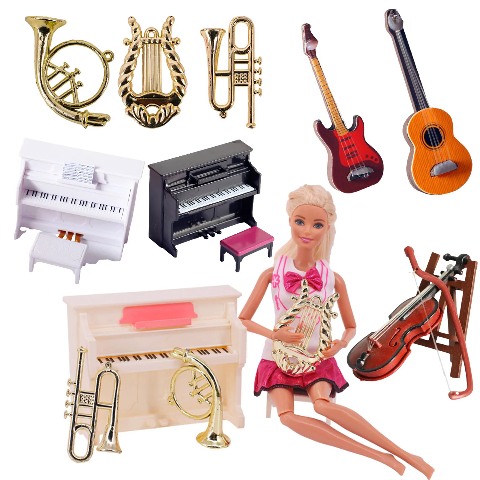 Dollhouse Guitar Violin Musical Instrument Decoration Fits 11.8 Inch Barbiees Dolls&1/6 BJD Blythe Dolls Scene Model,Miniatures