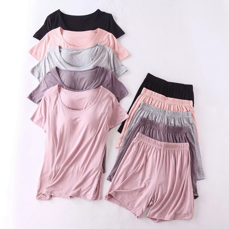 Pijama de algodón Modal para mujer, Conjunto de pijama de manga corta con almohadilla para el pecho, pantalones cortos sueltos de Copa con sujetador