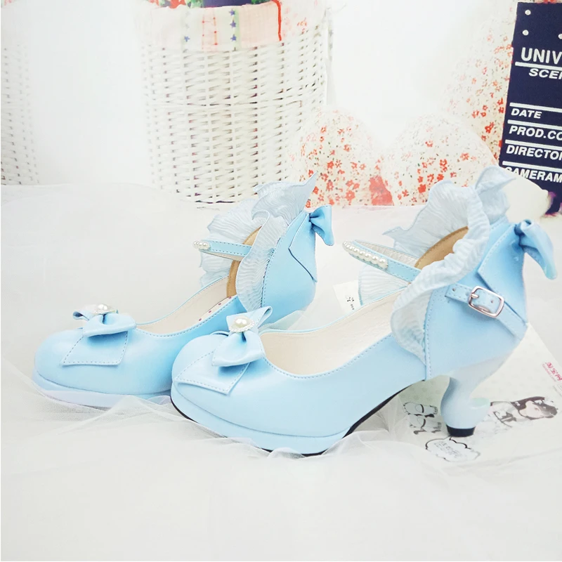 Lolita Shoes Cosplay Kawaii Anime Sweet Loli Women Tea Party High Heel Princess Bow Mary Jane Loli Shoes