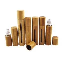 2 x Empty Bamboo Lid Caps Stainless Steel Roller Ball Clear Bottles Glass for Essential Oils Liquid Portable jar 3ml 10ml