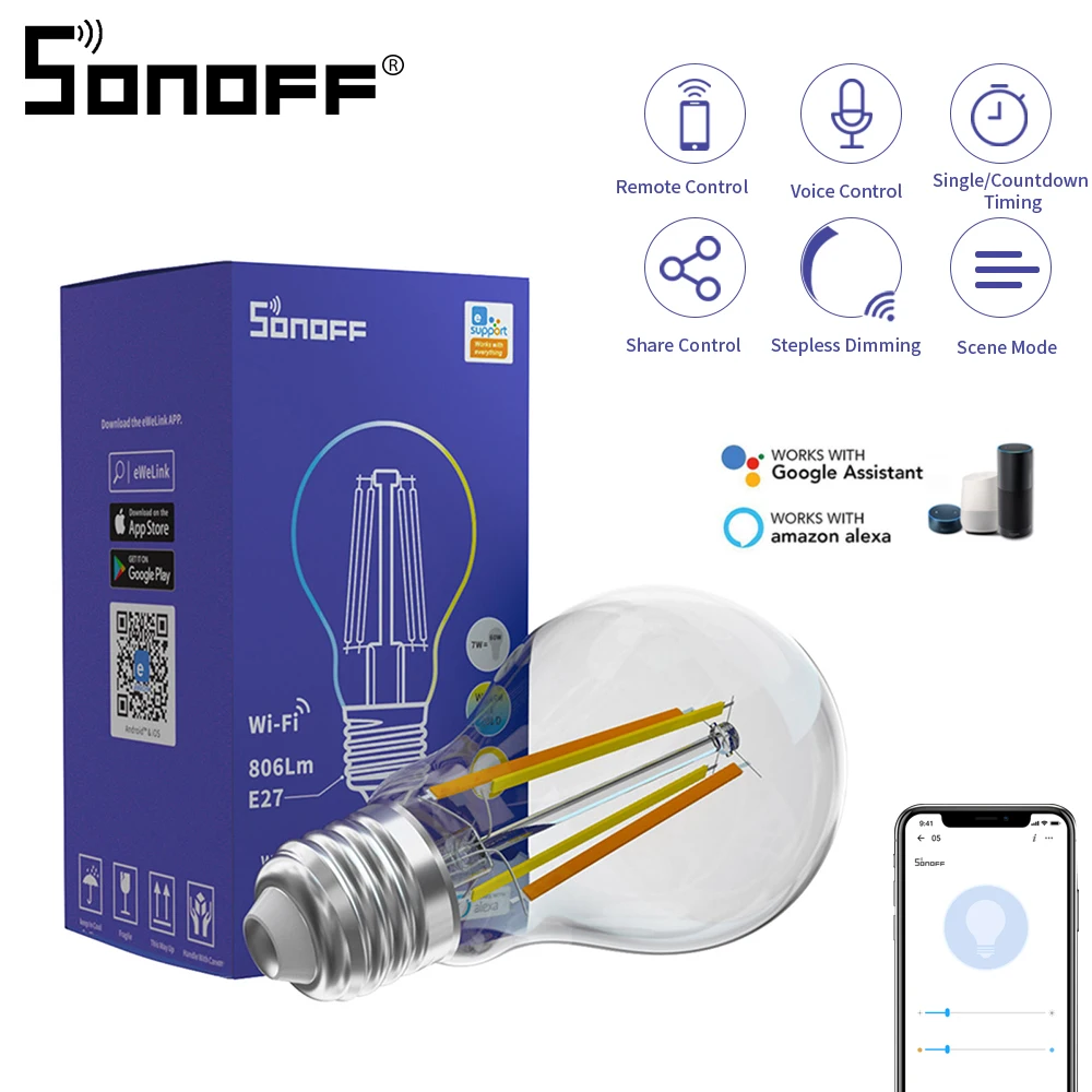 

SONOFF B02-F A60 WiFi LED Filament Bulb Smart Home E27 Dimmable Light Bulbs Dual-Color Voice Remote Control Work with Alexa