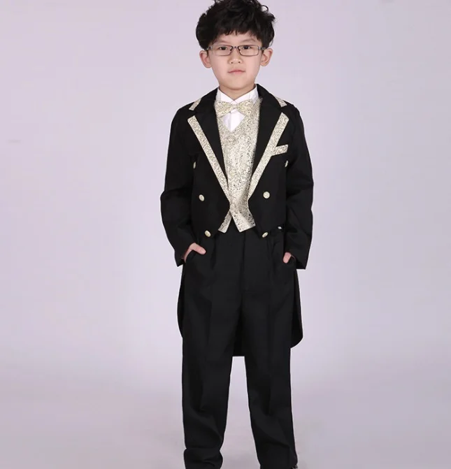 England Style Tuxedo Suits Boys Clothes Set Kids Formal Wedding Blazer Swallow-tailed Coat Kids Party Bow Tie Clothing 5pcs/set