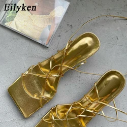 Eilyken Fashion Gold Silver Narrow Band Women Sandals 2024 New Summer Square Toe Ankle Strap Cross-tied Thin Low Heels Shoes