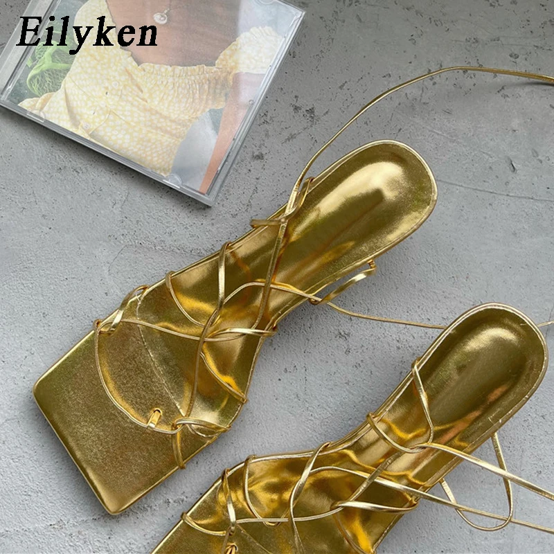 Eilyken Fashion Gold Silver Narrow Band  Women Sandals 2025 New Summer Square Toe Ankle Strap Cross-tied Thin Low Heels Shoes