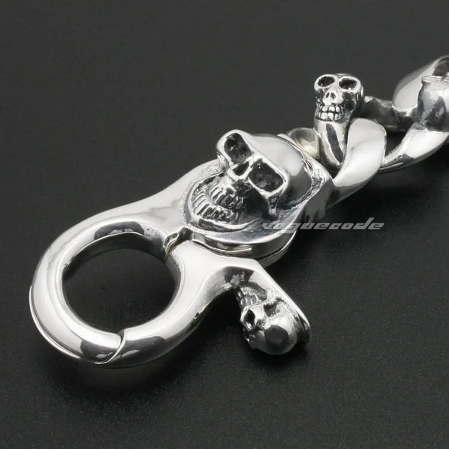 Skull Bone 925 Sterling Silver Belt Clip KeyRing Mens Biker Rocker Punk Keychain 8J002