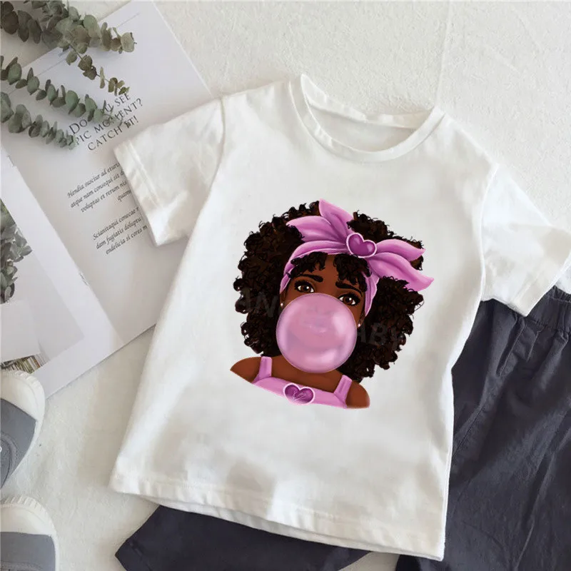 

Bubble Gum Black Girl Fashion T shirt For GIrls Melanin Poppin Print Kids Clothes Baby Tops Cool Casual Children T-shirt,HKP2057