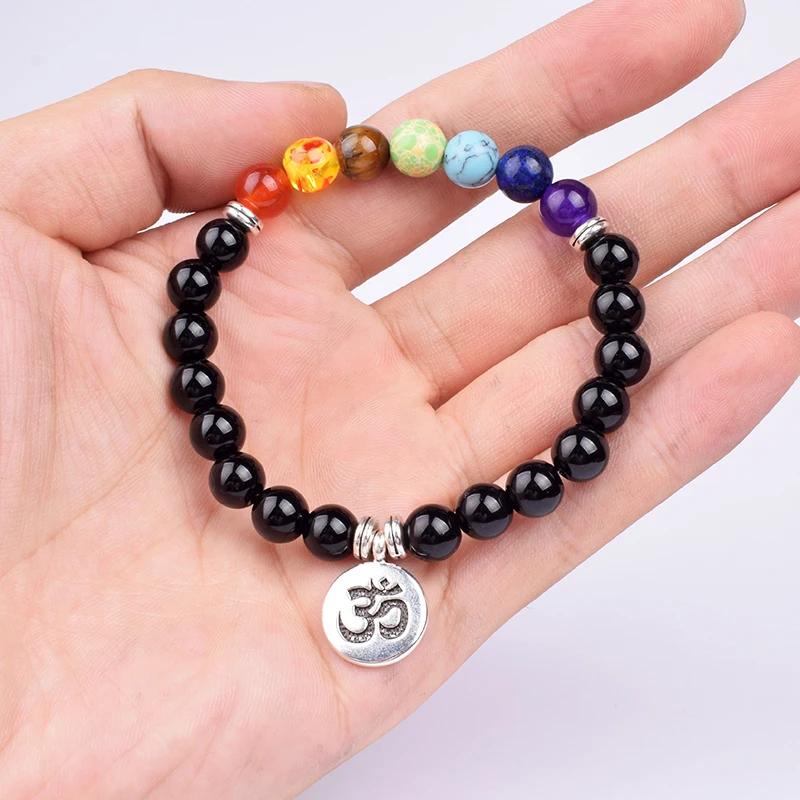 Natural Black Onyx 7 Chakra Bracelets & Bangles for Women Fashion Yoga Balance Healing Bracelets Men Buddha Prayer Beads Jewelry