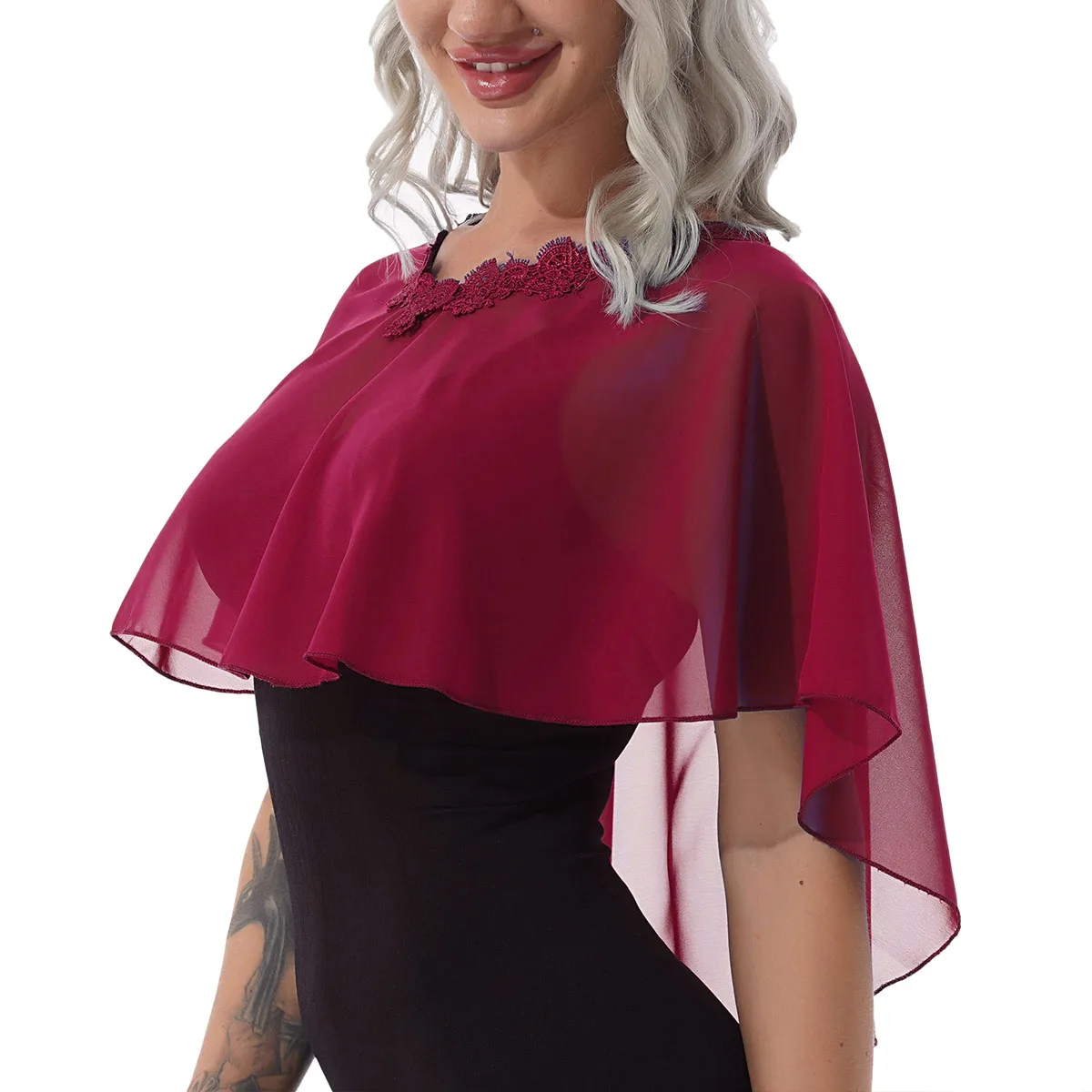 Poncho in Chiffon da donna Bolero giacca a tracolla leggera ed elegante sciarpa corta a portafoglio Top per abito da sera da sposa da sposa