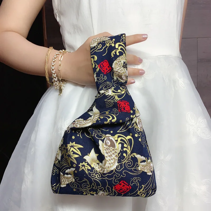 Creative Japanese Style Mini Portable Knot Wrist Bag Women Top Handle Bag Purses Cotton Shopping Bag Simple  Phone Key Pouch