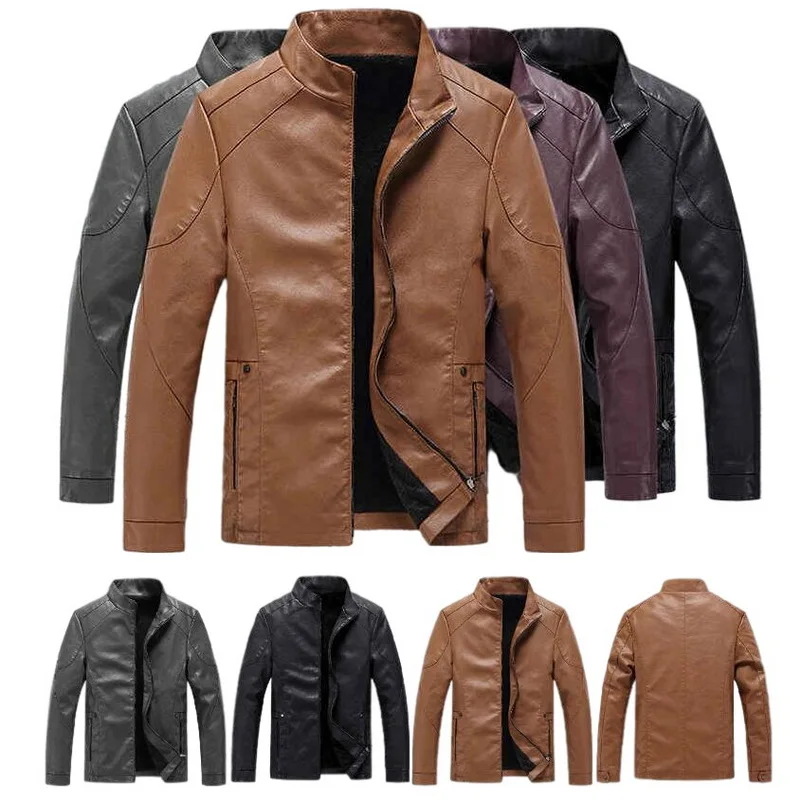 

Spring Autumn Men Leather Jacket Men's Slim Stand-Up Collar Fleece PU Leather Outwear Four Colors