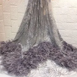 Lake blue African beads Lace Fabrics Newest 3d Flowers Glitter Nigeria gray Net Lace French Feathers Tulle Lace Fabric