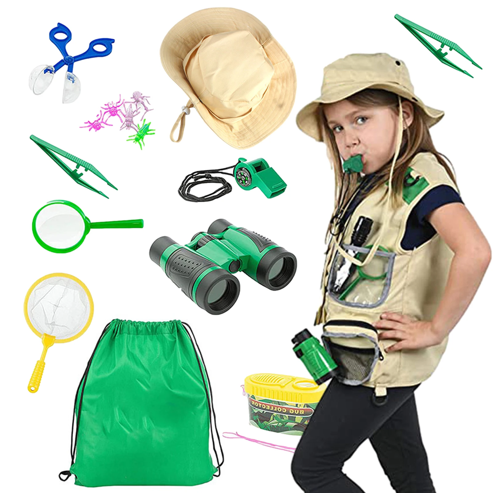 Outdoor Adventure Kit With Telescope Compass Magnifying Glass Insect Net For Children Role-playing Explorer Vest Hat Set