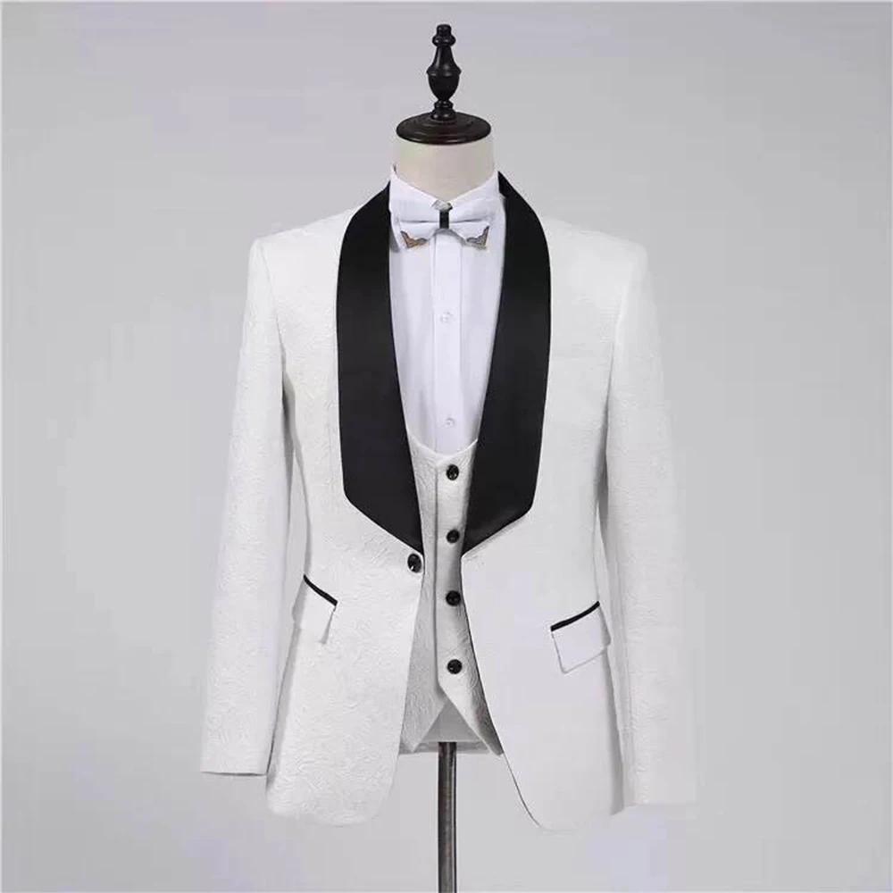 

3Pc White Patterned Flowers Men's Suit Set Wedding Bridegroom Man Jacket Pant Vest Slim Fit Men Suit Set Business High-quality