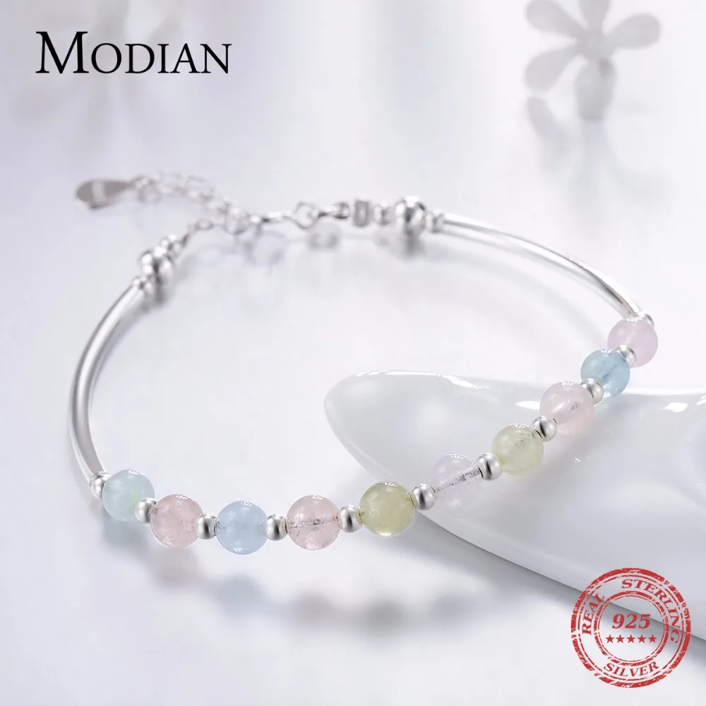 Modian 925 Sterling Silver Colorful Beads Crystal Charms Bracelet Fashion New Luxury Bangle Chain For Women Party Jewelry