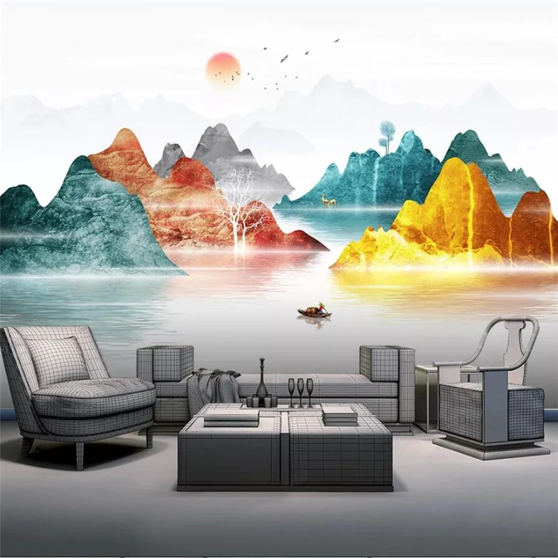 

wellyu Customized large mural Chinese abstract artistic conception water and wealthy golden landscape TV background wall