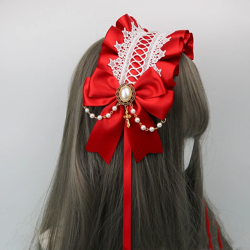 Lolita Headdress Gothic Dark Angel Cross Lace Bow Headband หวานคอสเพลย์หัวห่ออะนิเมะอุปกรณ์เสริมผม