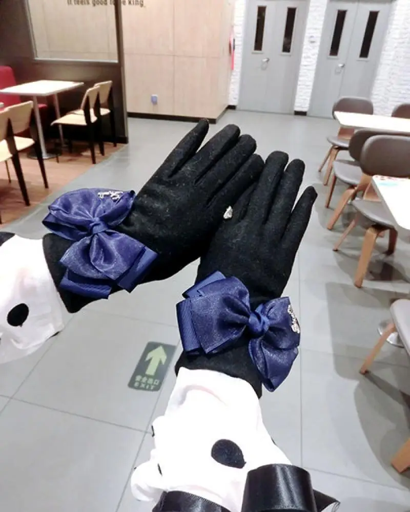 Letter Ribbon Bowknot Drop Ring Cashmere Gloves Korean Fashion Touch Screen Gloves Five Finger Thickening Warm Gloves Women