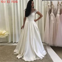 NUOXIFANG Vintage saten ucuz bir çizgi Cap Sleeve dantel aplike gelinlik Boho türkiye gelin kıyafeti Vestidos De Novia