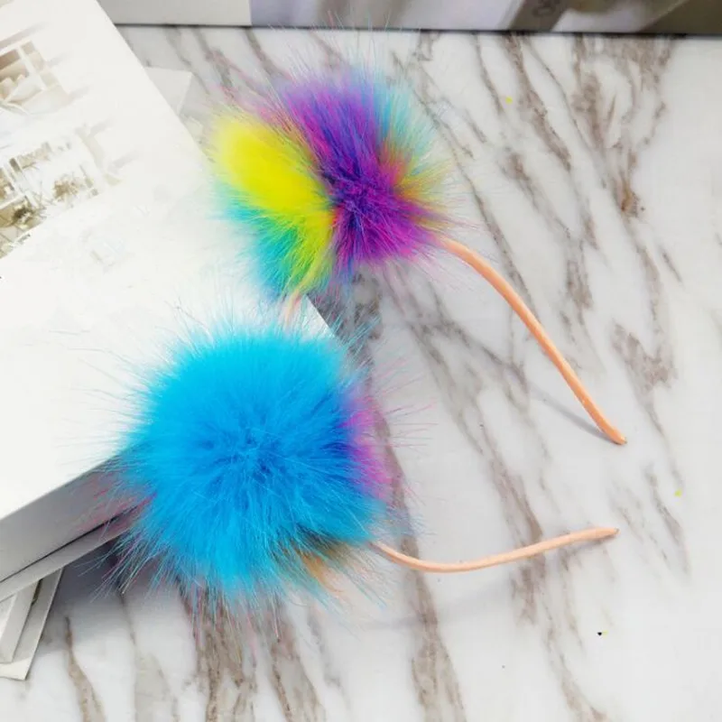 Women Girl Colorful Pompon Ball Headband Artificial Fur Balls Hairband Headwear Birthday Party Favor Hair Xmas Halloween Gift