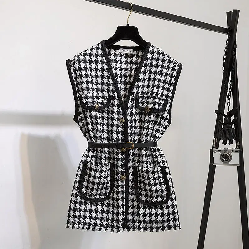 Long Lantern Sleeve Shirt Women Houndstooth Tweed Vest 2 Two Piece Set 2023 Spring Autumn Womens Shirts Sets Sleeveless Tops New