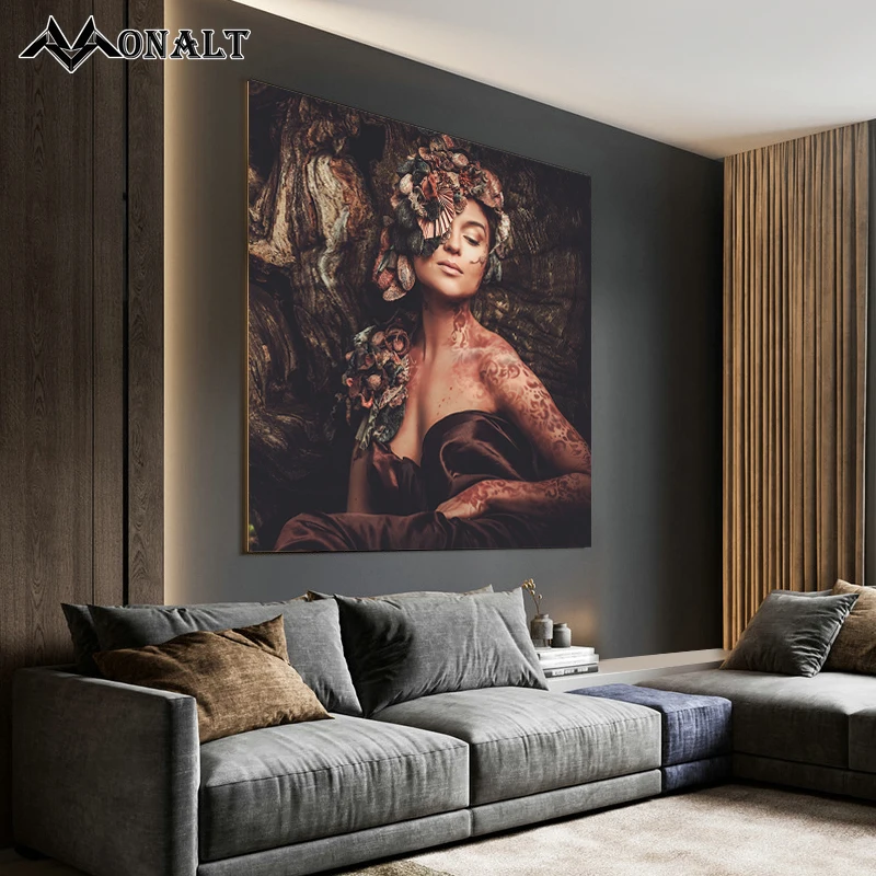 

Tattoo Girl with Flowers on Head In Magic Forest Vintage Canvas Painting Portrait Photography Wall Art Picture for Bedroom Decor