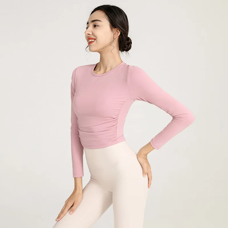 Autumn Women Slim Yoga Shirts Long Sleeve Sports T-Shirt Girls Gym Workout Tops Fold Hem Running Sweatshirts Crop Top Sportwear