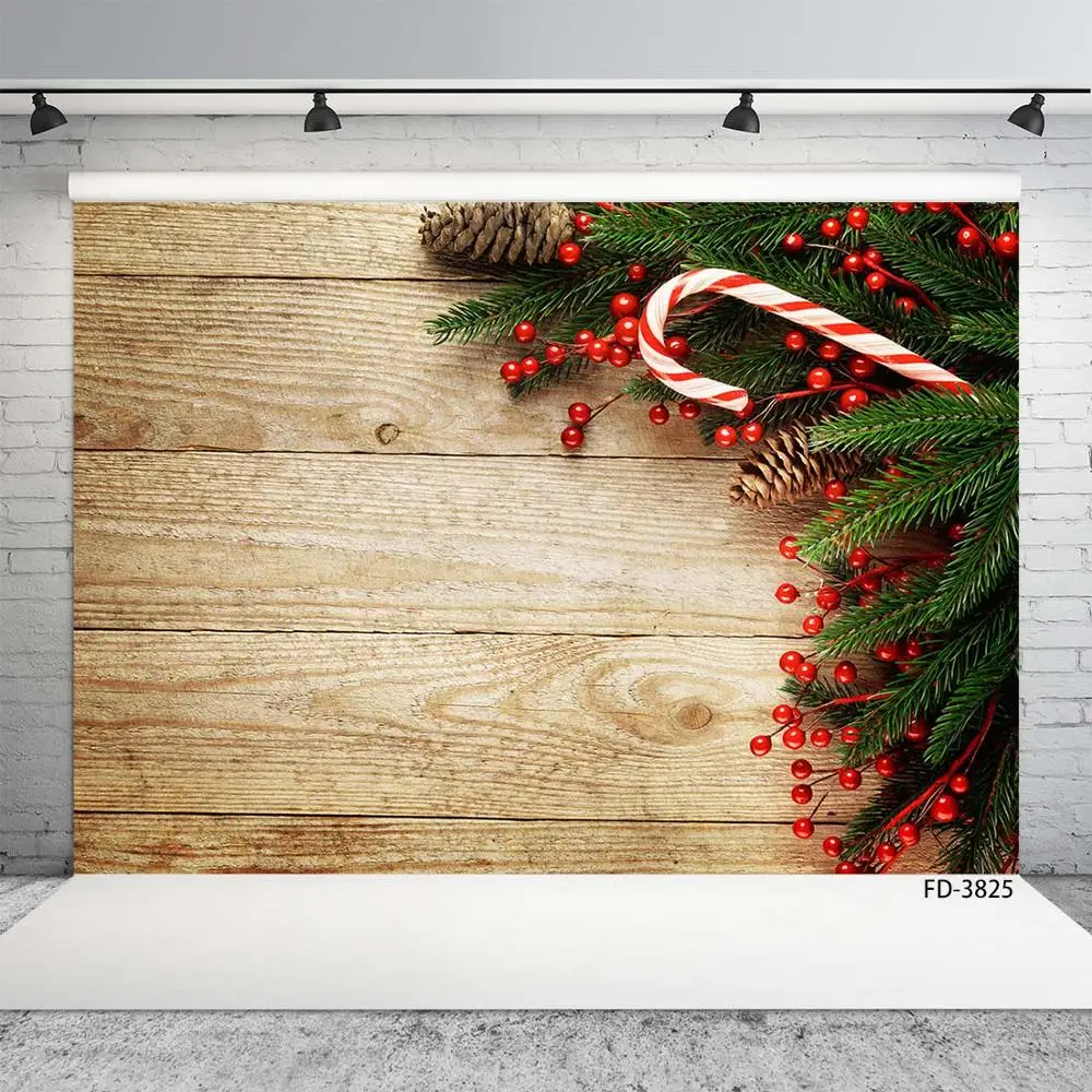 Christmas Holly Pine Cones Wooden Board Photo Backgrounds Vinyl Backdrop for Children Baby Shower Photophone Photography Props