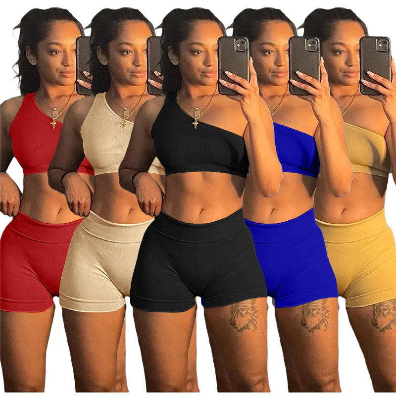 Rib Knit Solid Asymmetrische Tweedelige Set Vrouwen Trainingspak Crop Tops + Elastische Bike Shorts Sportwear Bijpassende Sets Casual Outfits