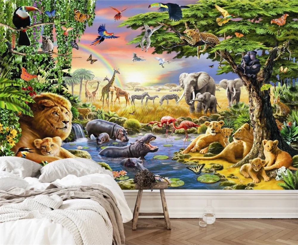 

Customized 3D Wallpaper Animal World Monkey Elephant Lion Hippo Children's Room Mural Bedroom Living Room Background Wall