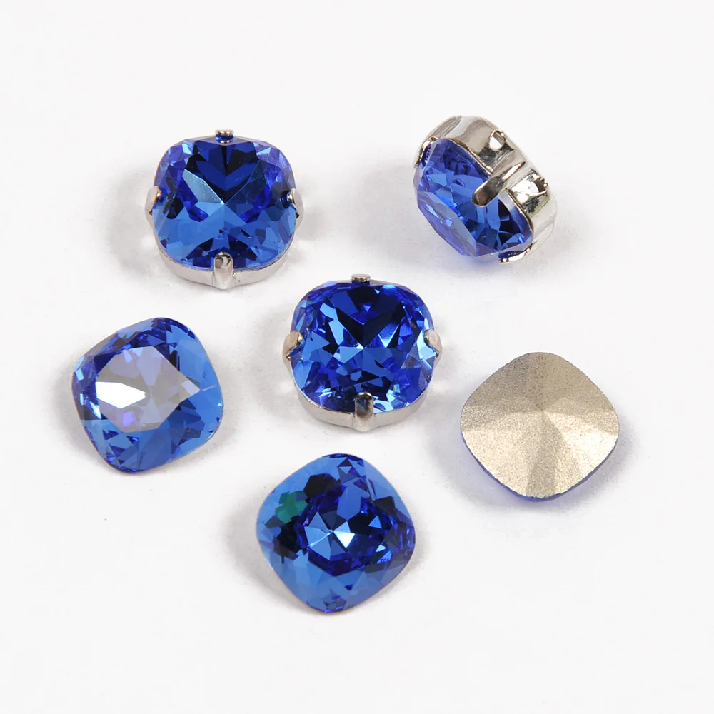 YANRUO 4470 Cushion Cut Capri Blue Sewed Rhinestones Glass Crystal Sew On Stones Claws Accessories Jewelry Needlework Dress