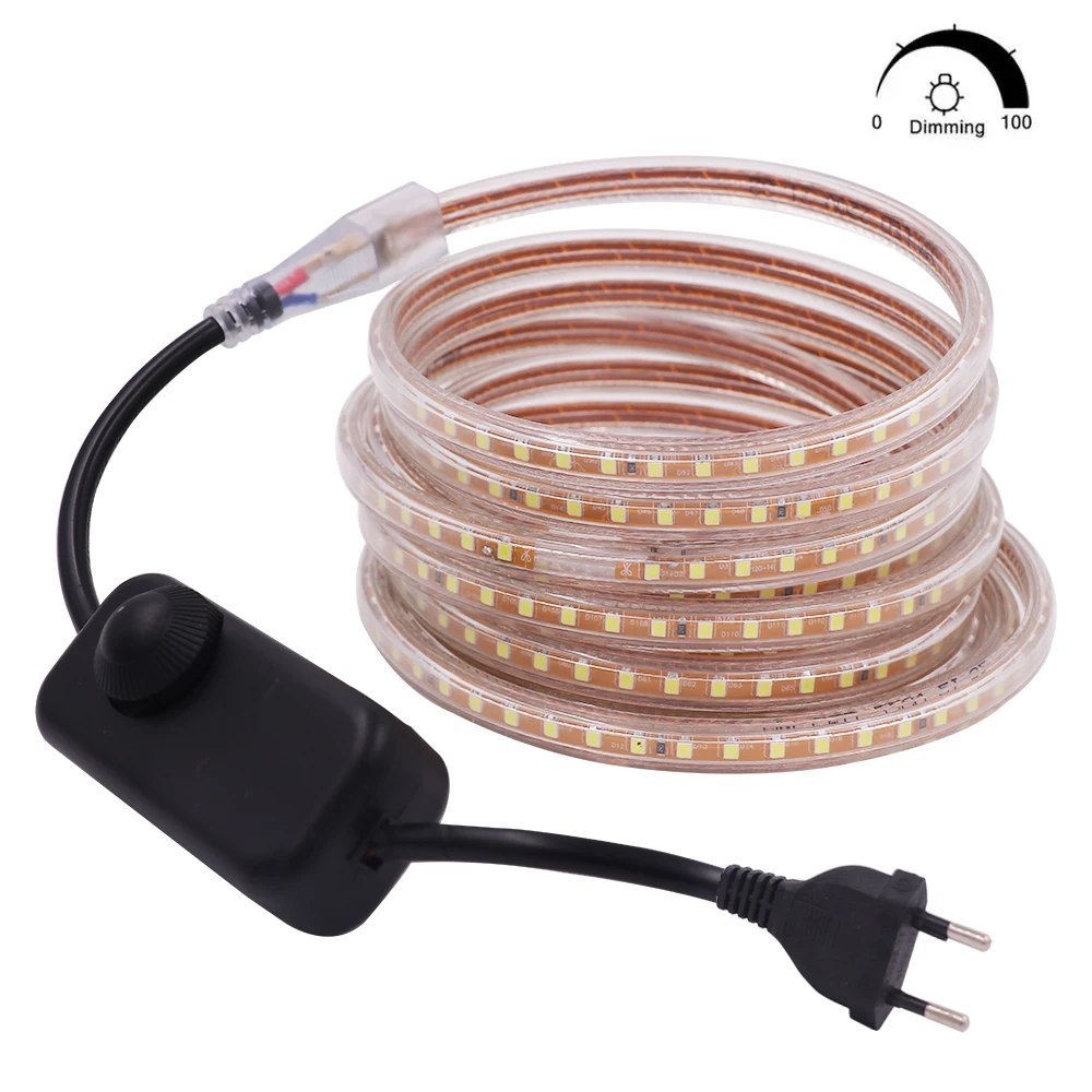 

220V 240V LED Strip Dimmerable EU UK Waterproof White Red Blue 120 LEDs/m SMD 2835 Ribbon Tape Flexible LED Light