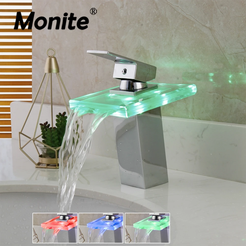 

Monite Chrome Brass Bathroom Faucet LED Light Glass Waterfall Spout Deck Mounted Wash Basin Sink Faucet Mixer Tap W/ Water Power