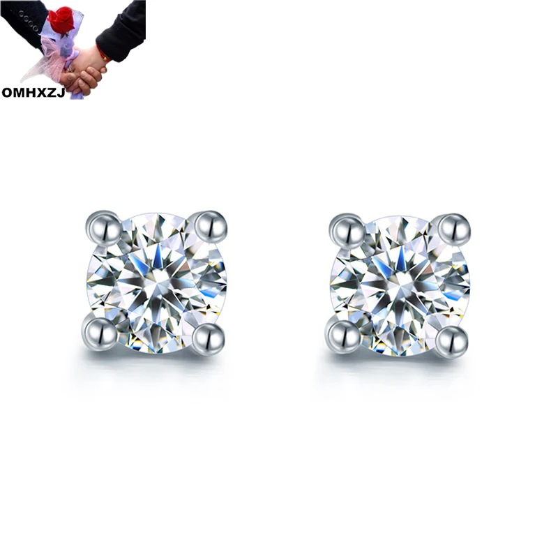 OMHXZJ Wholesale EA697 European Fashion Fine Woman Girl Party Birthday Wedding Gift Round Zircon 18KT White Gold Stud Earrings