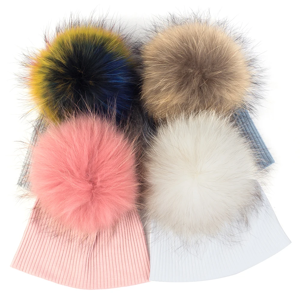 Lovely Baby Knitted Ribbed Beanie Hats with 15cm Real Fur Pompom  Children Solid Color Toddler Skull Warm Skullies&Beanies Hat