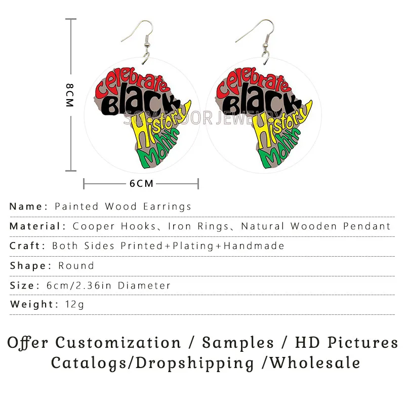 SOMESOOR Celebrate Black History Month African Wooden Drop Earrings Peace Love Melanin Printed Dangle Jewelry For Women Gift