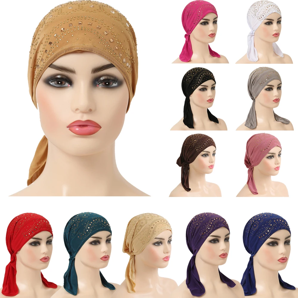 Muslim Inner Hijab Cap Women's Headwear Underscarf Islamic Head Wrap Hat Bonnet Rhinestone Headscarf Hair Loss Chemo Cancer Hat